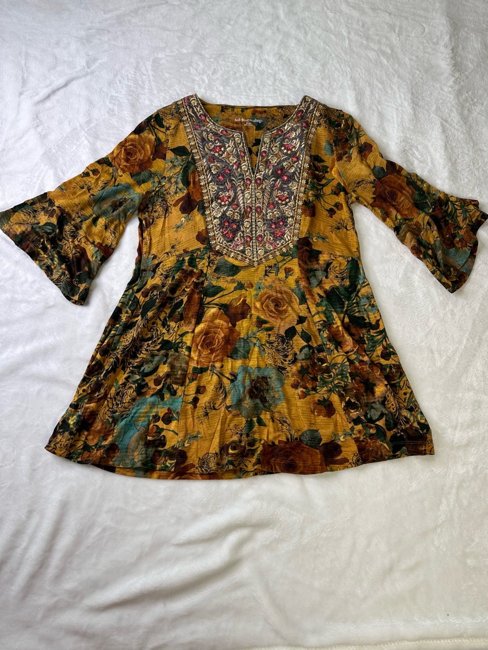 Soft Surroundings Mustard Floral Embroidered Tunic Size S
